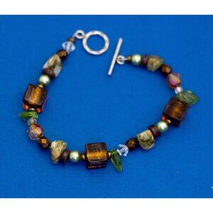 8 1/2 inch, Vintage Glass Stone Metal Plastic Beaded Bracelet D3